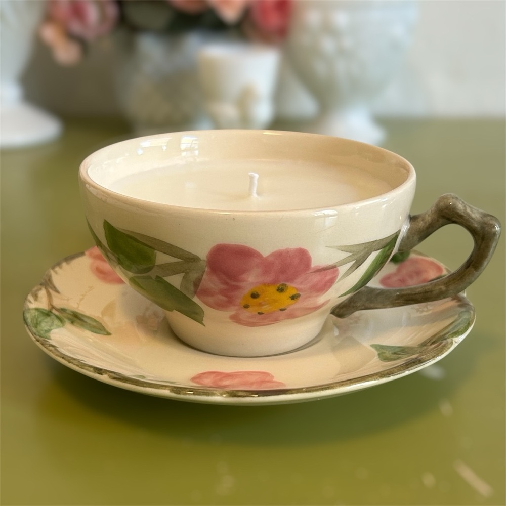 Cashmere Rose Scented Soy Candle Vintage Franciscan Desert Rose Cup & Saucer